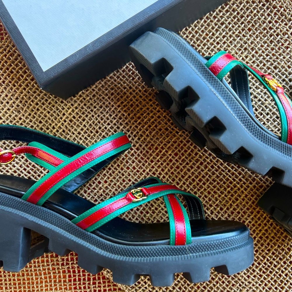 SOLD - Gucci Green/Red Leather Block Lug Heel Sandals Size 40 Quentin - Picture 6 of 10